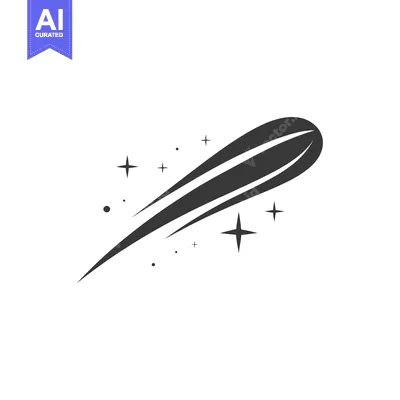 A black and white stylized depiction of a comet with a tail