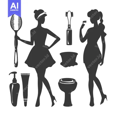 Two Women's Silhouettes with Bathroom Items