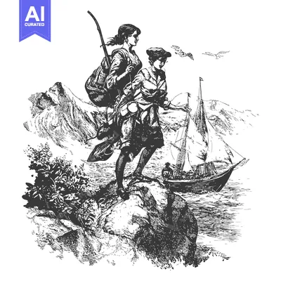 Two women standing on a cliff overlooking a sailboat in the sea