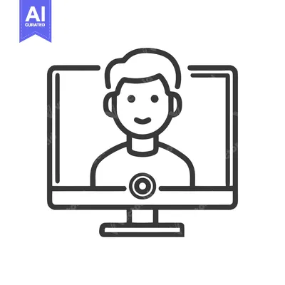 Aset desain premium: Virtual Meeting Icon: Person on Computer Screen, Outline Style