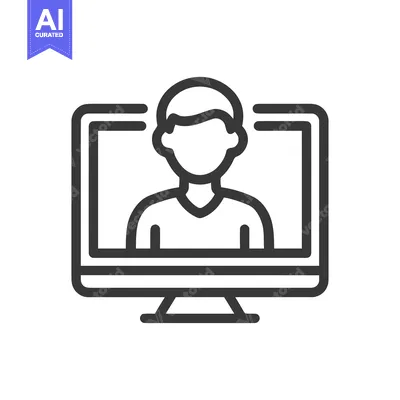 Aset desain premium: Virtual Meeting Icon: Person on Computer Screen, Outline Style