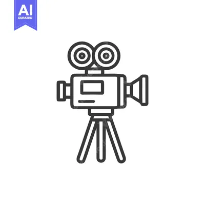 Classic Film Camera Icon: Vintage Movie Equipment on Tripod, Line Art