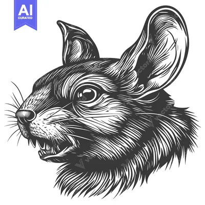 A Black and White Woodcut Illustration of a Mouse's Head