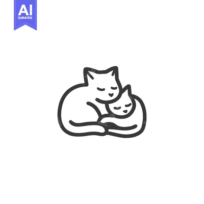 Minimalist Line Art: Two Cats Cuddling in Affectionate Embrace, Simple