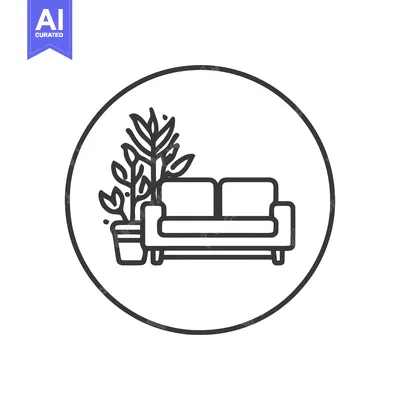 Minimalist Living Room Icon: Couch and Plant in Circle