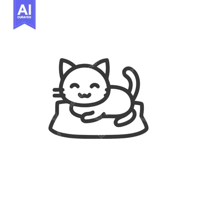 Minimalist Cat Illustration: Smiling Feline Lounging on Cushion, Black