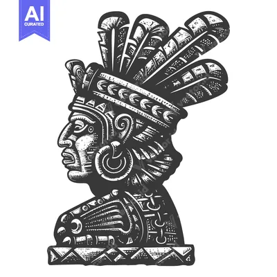 Aset premium populer: A Black and White Woodcut Illustration of an Aztec Warrior with a Feat