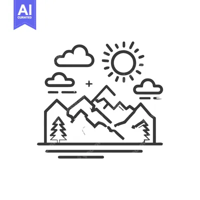 Minimalist Mountain Landscape Illustration with Sun, Clouds, and Trees