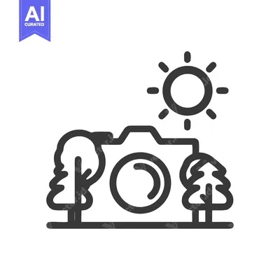 Premium design asset: Nature Photography Icon: Camera, Trees, and Sun in Simple Line Art