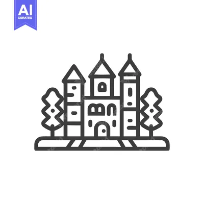 Minimalist Castle Icon with Trees, Black Outline on White Background