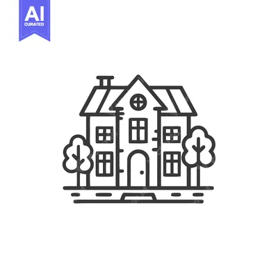 Aset desain premium: Charming House Icon with Trees, Minimalist Line Art Design