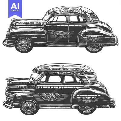 Vintage Black and White Car Illustration with Eagle Emblems
