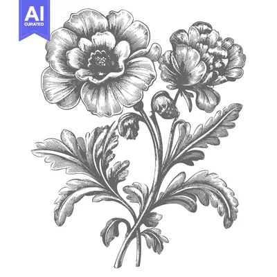 Vintage Black and White Illustration of a Flower with Stem and Leaves