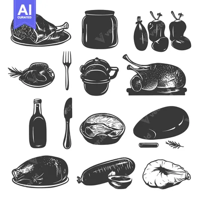 Vintage Black and White Illustration of Roasted Meat and Food Items
