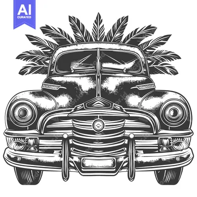 Aset desain premium: Vintage Car Adorned with Palm Fronds