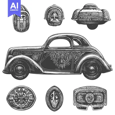 Vintage Car Decorated with Ancient Symbols and Patterns