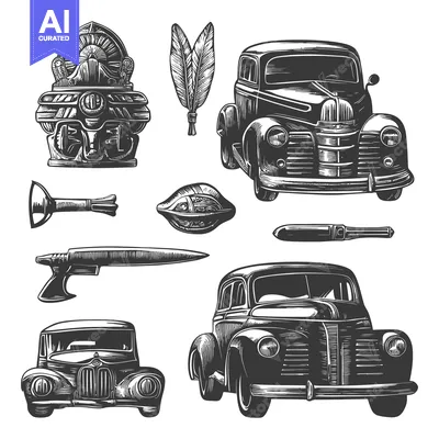 Vintage Cars, Weapons, and Feathers in an Ornamental Style