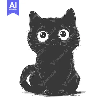 Aset premium populer: A black cat with large eyes, sitting, looking up