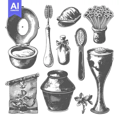 Vintage Hand-Drawn Illustration of Various Household Items and Flowers