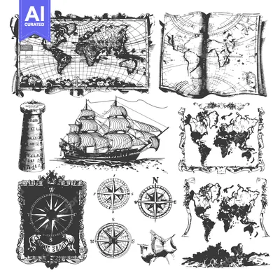 Vintage Nautical Illustrations Featuring World Maps, Compass Roses, an
