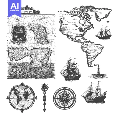 Vintage Nautical Illustration with Maps, Ships, and Compass