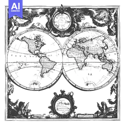 Vintage Ornate Framed World Map with Decorative Elements
