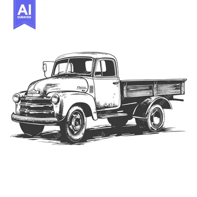 Vintage Pickup Truck with Flatbed, Black and White Illustration