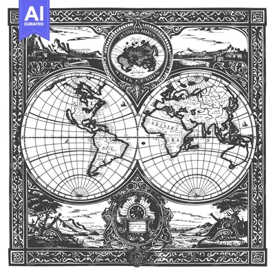 Vintage World Map Illustration in Ornate Frame