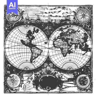 Vintage World Map Illustration with Compass and Ship Silhouettes