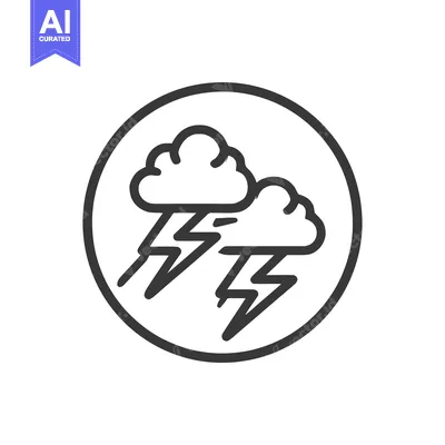 Minimalist Thunderstorm Icon: Dark Clouds and Lightning Bolts in Circl