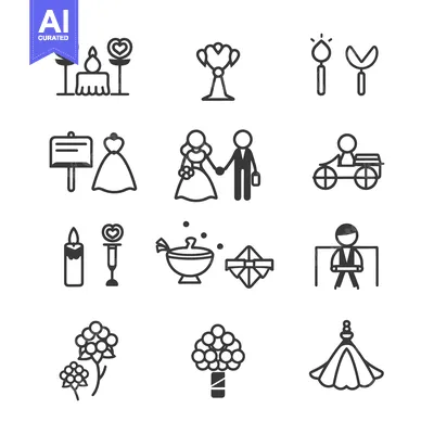 Wedding Ceremony and Reception Icon Set