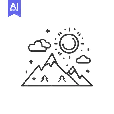 Minimalist Mountain Landscape with Sun and Clouds Outline Illustration