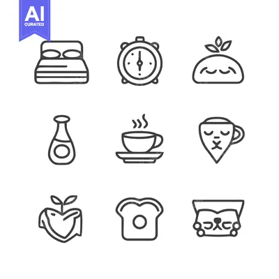 Minimalist Morning Routine Icons: Bed, Clock, Bun, Coffee, Toast, Cat