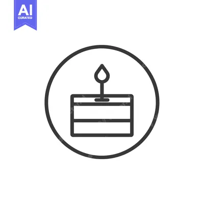 A black line drawing of a birthday cake with a single candle in a circ