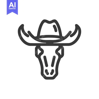 Minimalist Bull Skull Icon with Cowboy Hat, Bold Outline Style