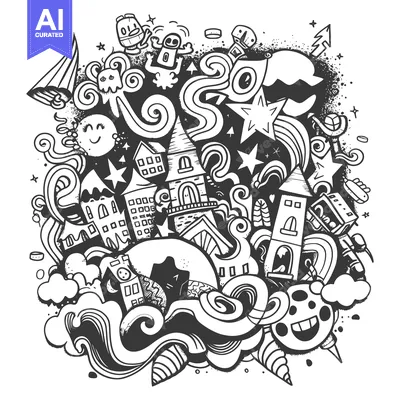Whimsical Black and White Doodle Cityscape with Buildings, Stars, and