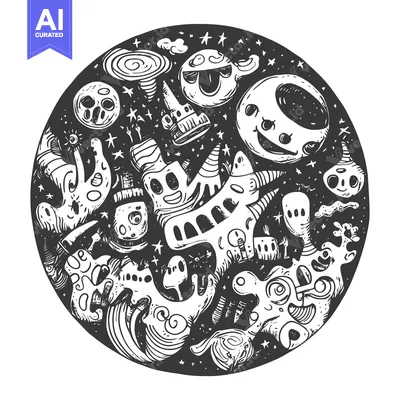 Whimsical Black and White Doodle of Outer Space with Funny Faces and S