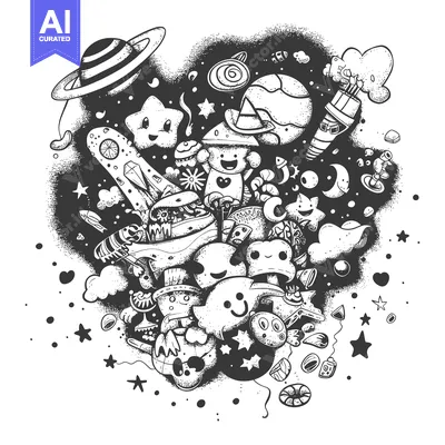 Whimsical Black and White Doodle of Outer Space with Planets and Stars