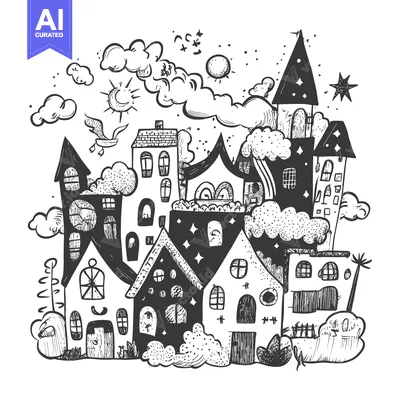 Whimsical Black and White Hand-Drawn Illustration of a Fantasy Village