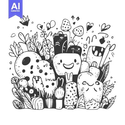 Whimsical Black and White Illustration of Cartoon Characters and Plant