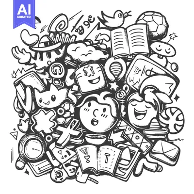 Whimsical Doodle Illustration Featuring a Surprised Child Surrounded b