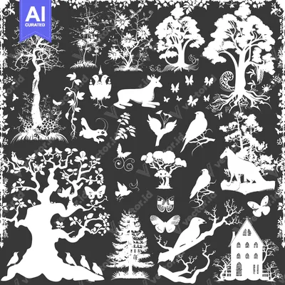 White Silhouettes of Trees, Animals, and a House on a Black Background