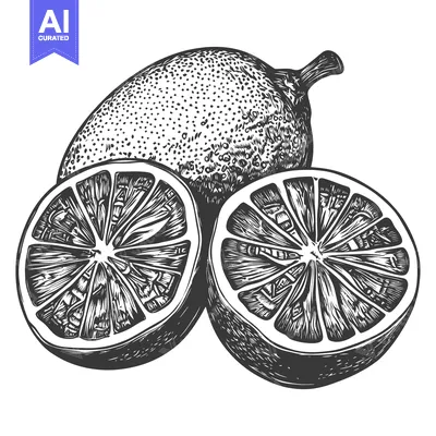 Whole and Sliced Lemon with Detailed Sketch Style