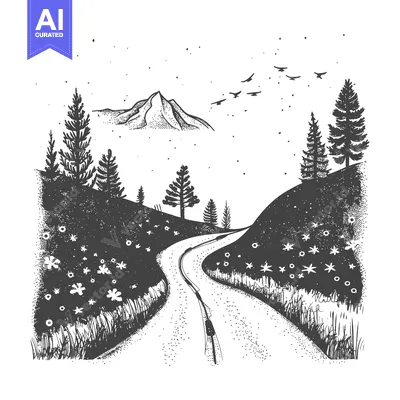 Winding Road Leading to Mountainous Landscape with Birds Flying Overhe