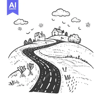Winding Road Through a Rural Landscape with Houses and Clouds
