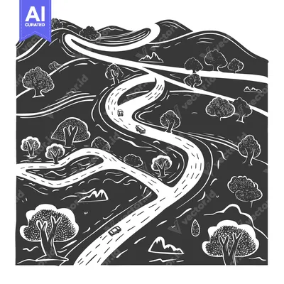 Aset desain premium: Winding Road Through Rolling Hills and Trees