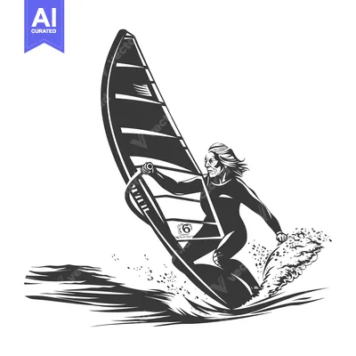 Windsurfer Riding a Wave in Black and White