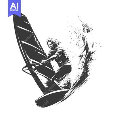 Windsurfer with a Beard, Riding a Wave with Sail Up