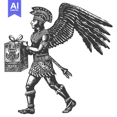 Aset desain premium: Winged Aztec Warrior Carrying a Gift Box