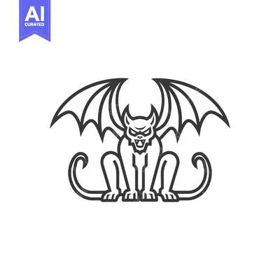 Winged feline creature with curled tail in a crouched position
